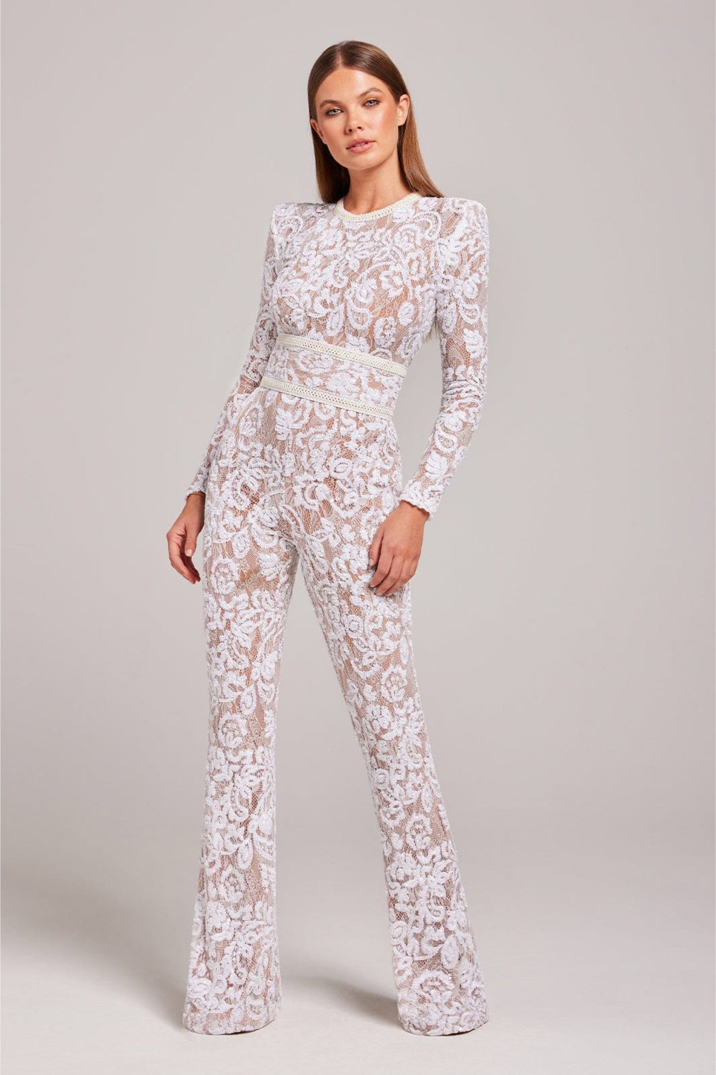 Women’s Lace Jumpsuit - Sequin Embellished - Long Sleeve - High Neck - Fitted Waist