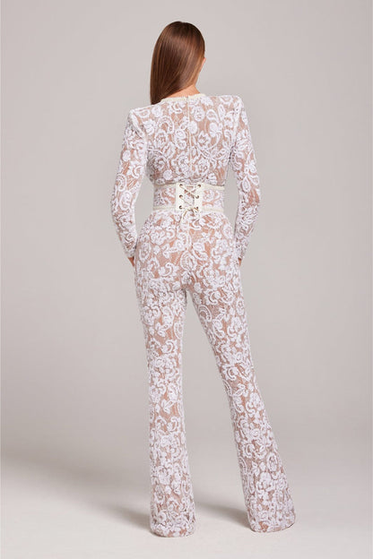 Women’s Lace Jumpsuit - Sequin Embellished - Long Sleeve - High Neck - Fitted Waist