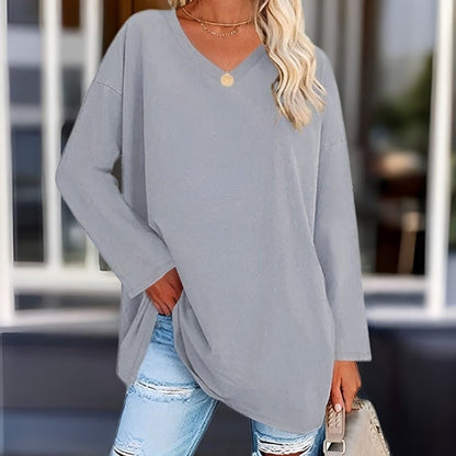 Women’s Long Sleeve Shirt – Oversized Fit – V-Neck – Soft Breathable Blend