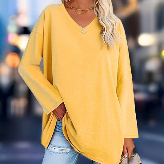 Women’s Long Sleeve Shirt – Oversized Fit – V-Neck – Soft Breathable Blend