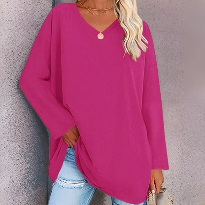Women’s Long Sleeve Shirt – Oversized Fit – V-Neck – Soft Breathable Blend