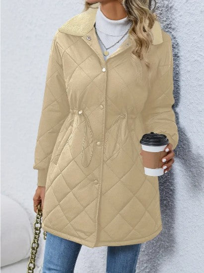 Women's long winter coat with button closure, waist tie, and straight cu