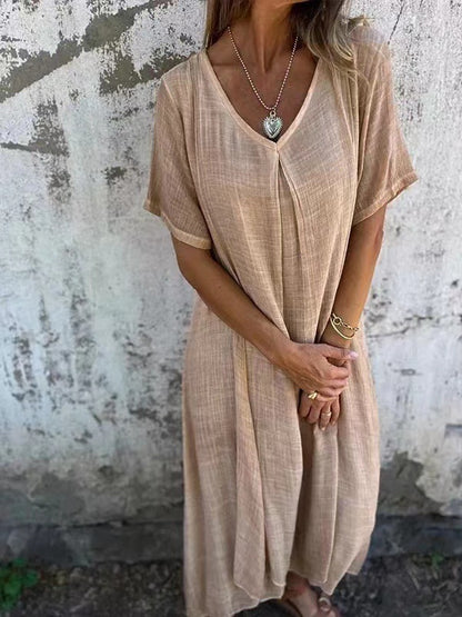 Solid V-Neck Midi Dress with Short Sleeves - Breathable and Lightweight