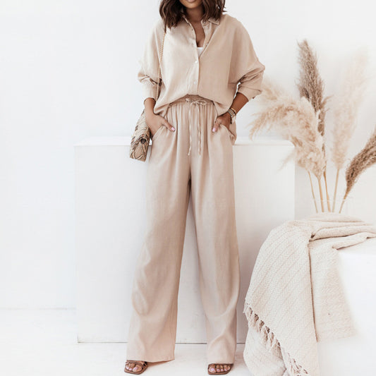 Women's Casual Chic Set - Relaxed Shirt - Wide-Leg Pants - Effortless Style