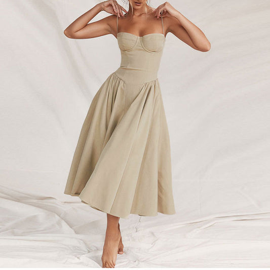 Elegant Midi Dress - Sweetheart Neckline - Flared Skirt - Spaghetti Straps for Women