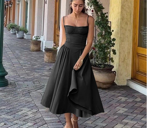 Elegant Midi Dress - Sweetheart Neckline - Flared Skirt - Spaghetti Straps for Women