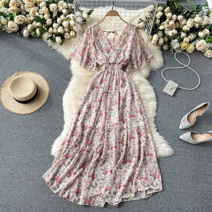 Women's Maxi Dress - V-Neck Shirred Waist - Short Flowing Sleeves - Elegant Fit