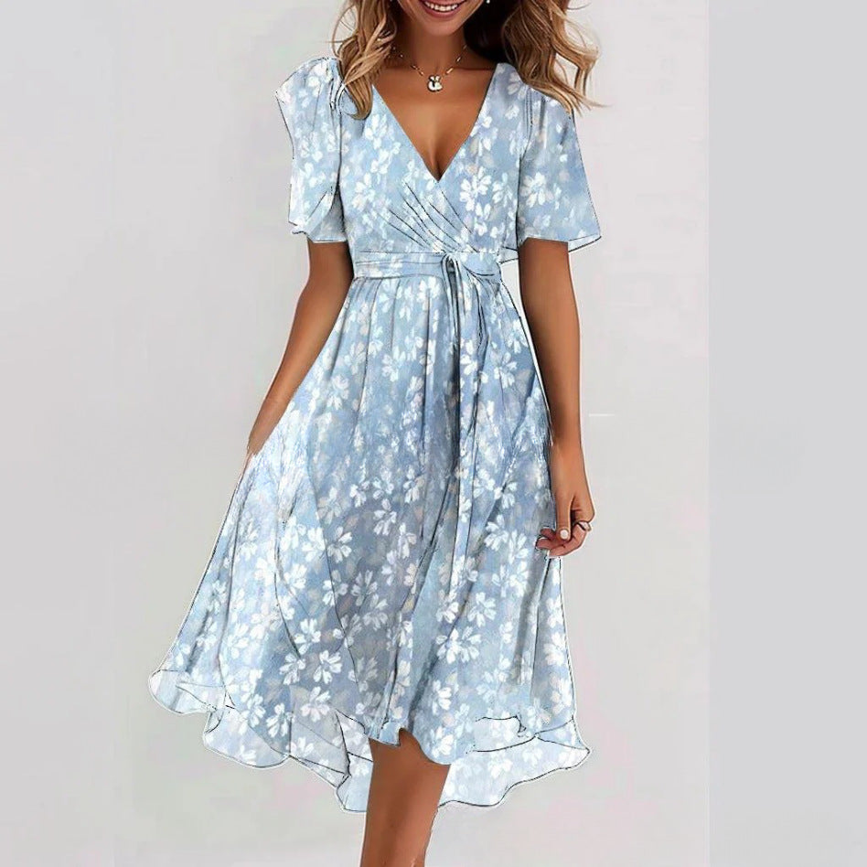 Women's V-Neck Floral Print Dress - Comfortable Midi Length - Flowy Short Sleeves