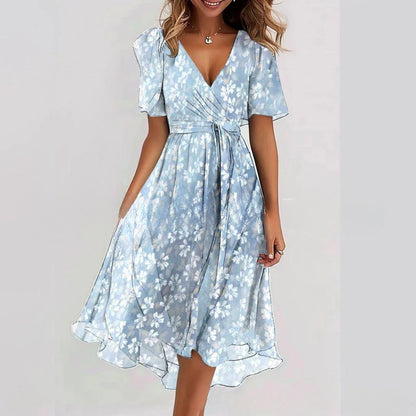 Women's V-Neck Floral Print Dress - Comfortable Midi Length - Flowy Short Sleeves