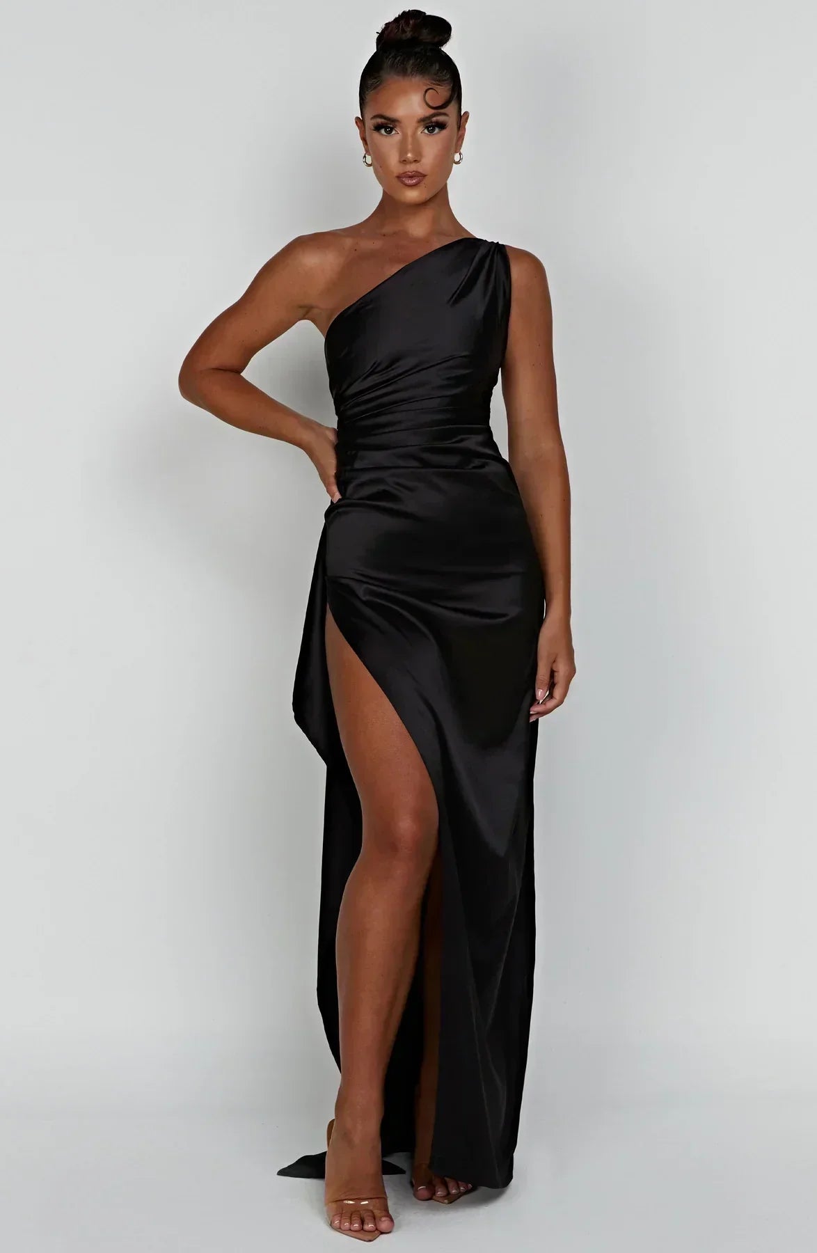 Women's Evening Gown - One-Shoulder - Ruched Bodice - High Slit - Satin-Like Fabric