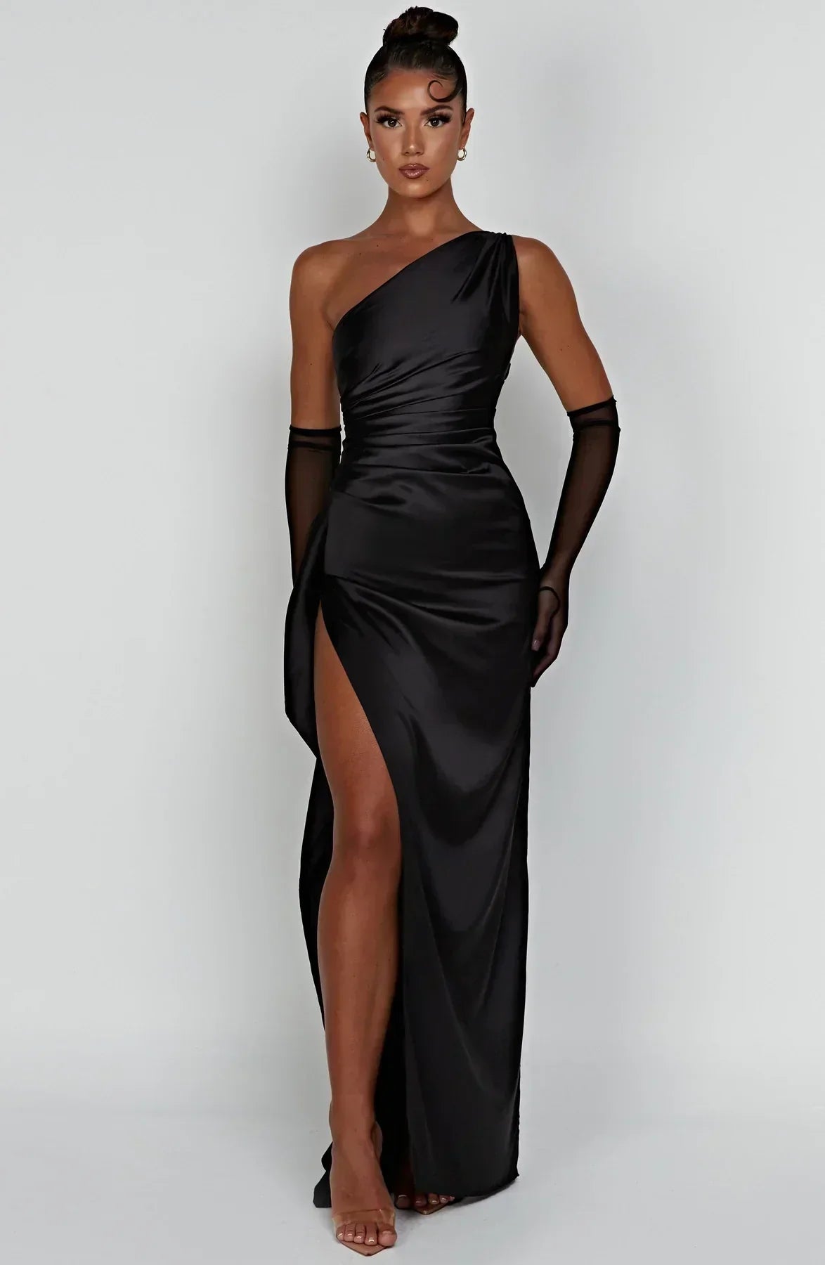 Women's Evening Gown - One-Shoulder - Ruched Bodice - High Slit - Satin-Like Fabric