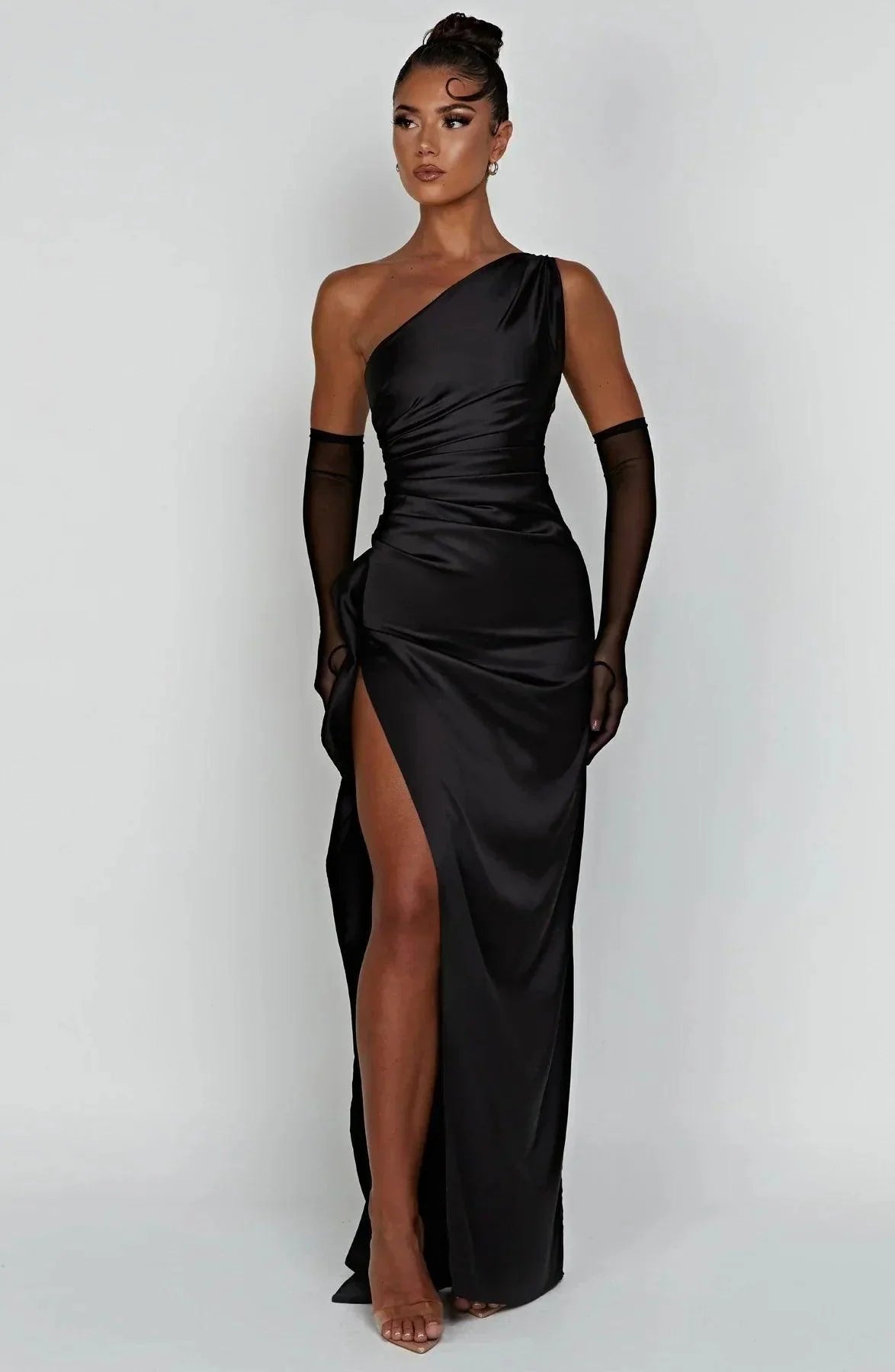 Asymmetrical Satin Maxi Dress with High Side Slit for Women