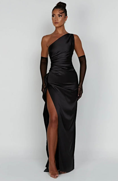 Women's Evening Gown - One-Shoulder - Ruched Bodice - High Slit - Satin-Like Fabric