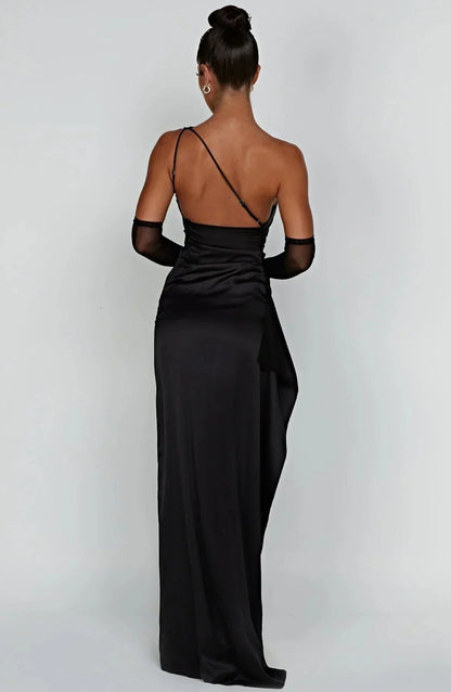 Asymmetrical Satin Maxi Dress with High Side Slit for Women