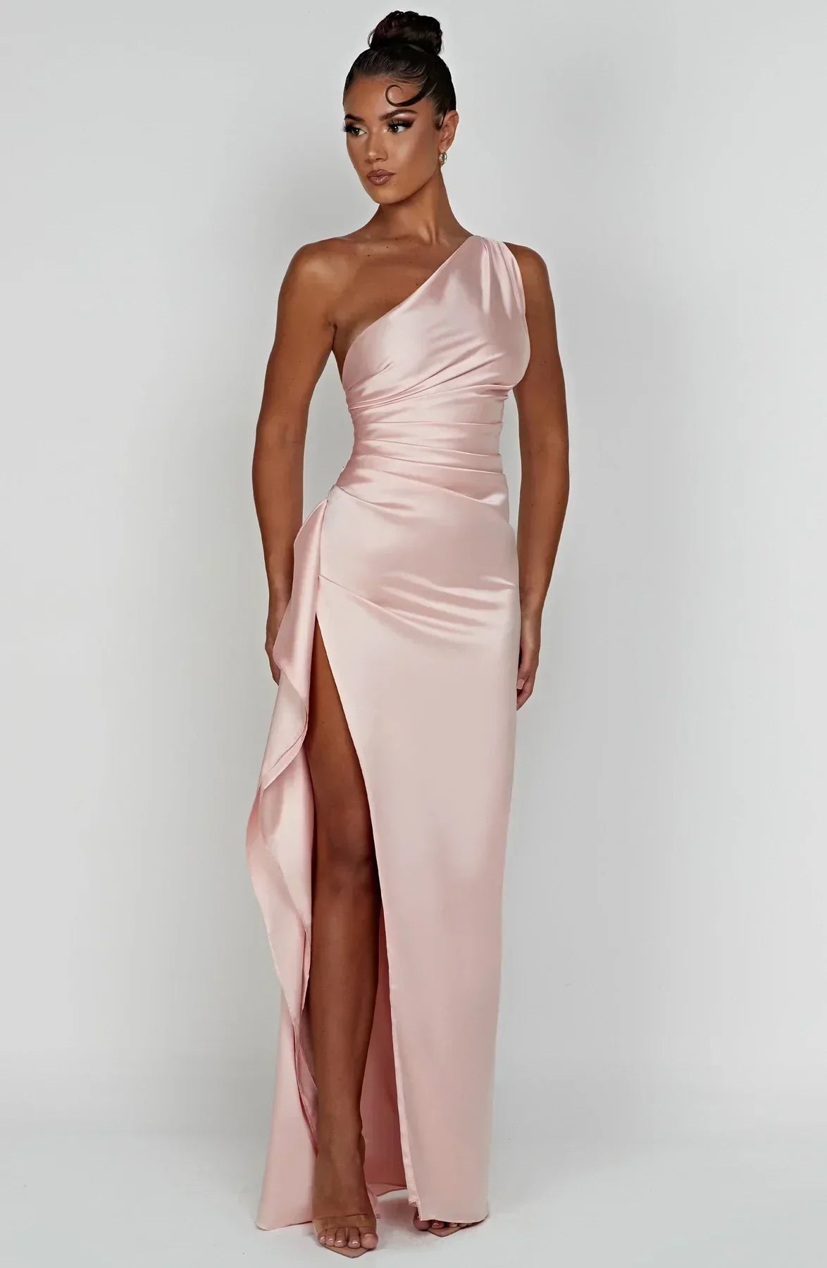 Women's Evening Gown - One-Shoulder - Ruched Bodice - High Slit - Satin-Like Fabric