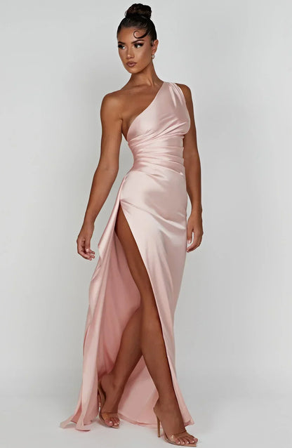 Women's Evening Gown - One-Shoulder - Ruched Bodice - High Slit - Satin-Like Fabric