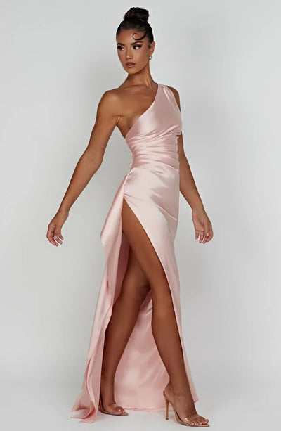 Women's Evening Gown - One-Shoulder - Ruched Bodice - High Slit - Satin-Like Fabric