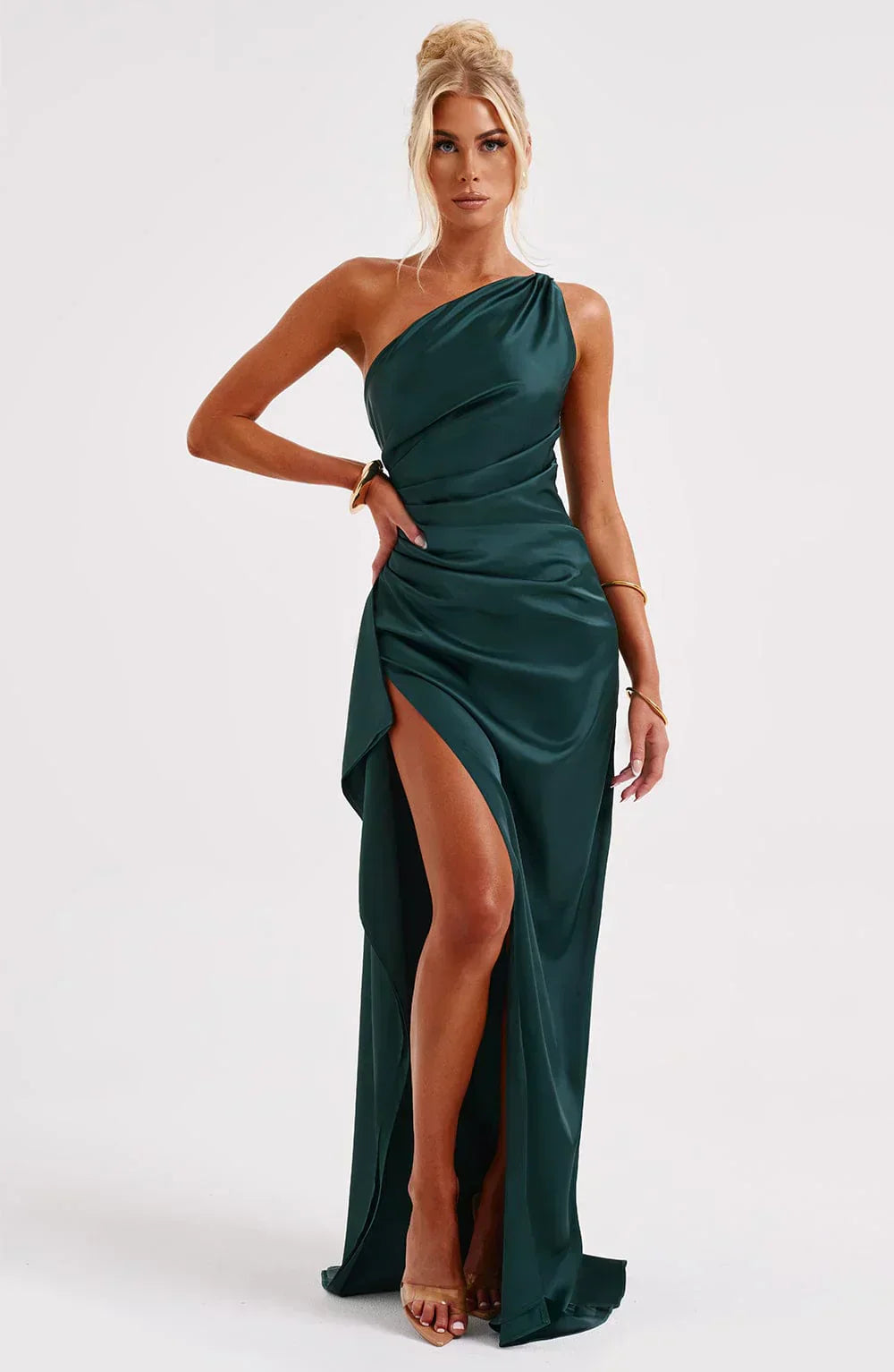 Women's Evening Gown - One-Shoulder - Ruched Bodice - High Slit - Satin-Like Fabric