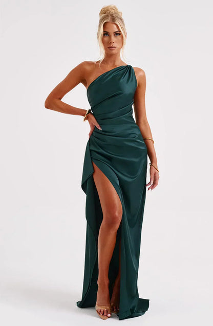 Women's Evening Gown - One-Shoulder - Ruched Bodice - High Slit - Satin-Like Fabric