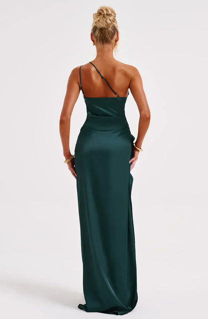 Women's Evening Gown - One-Shoulder - Ruched Bodice - High Slit - Satin-Like Fabric