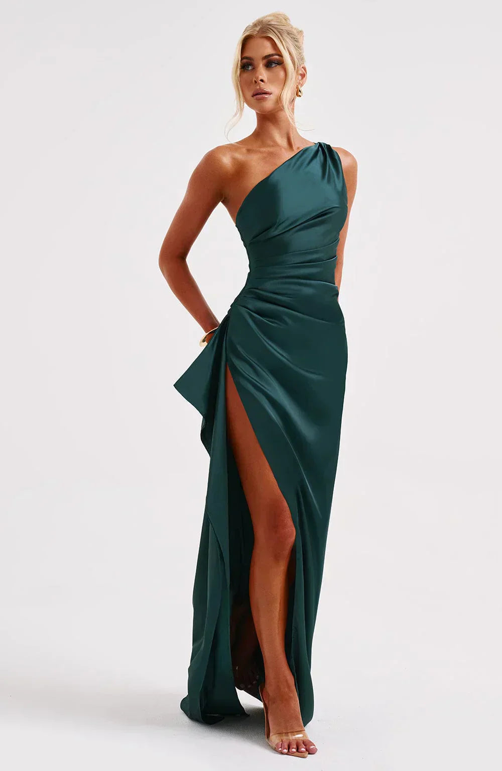 Women's Evening Gown - One-Shoulder - Ruched Bodice - High Slit - Satin-Like Fabric