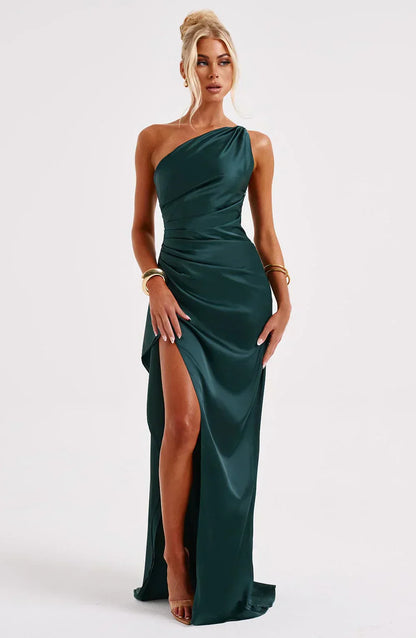 Women's Evening Gown - One-Shoulder - Ruched Bodice - High Slit - Satin-Like Fabric