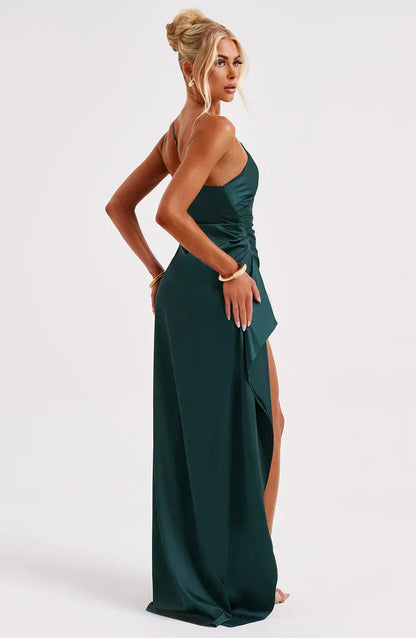 Women's Evening Gown - One-Shoulder - Ruched Bodice - High Slit - Satin-Like Fabric