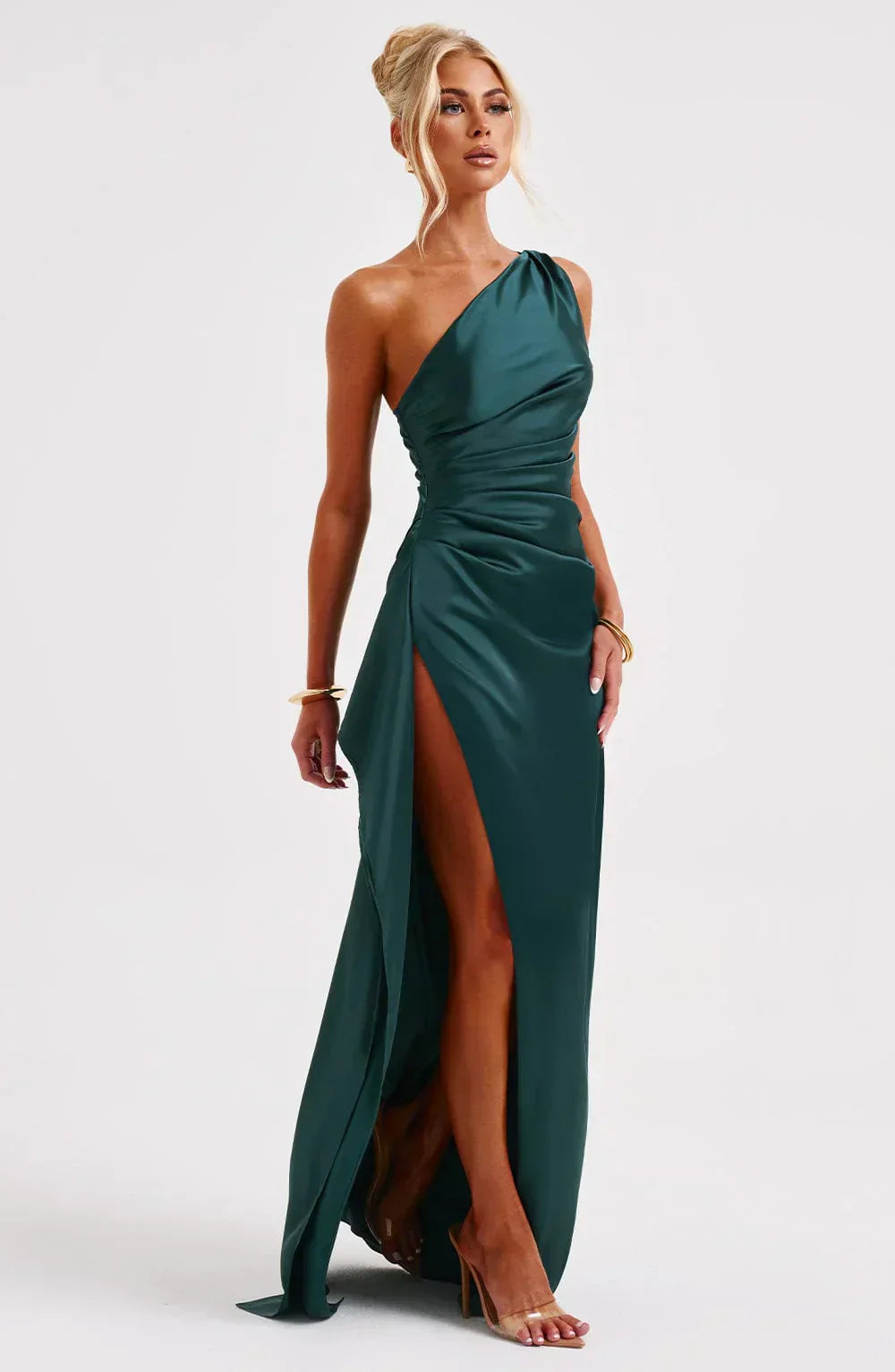 Women's Evening Gown - One-Shoulder - Ruched Bodice - High Slit - Satin-Like Fabric