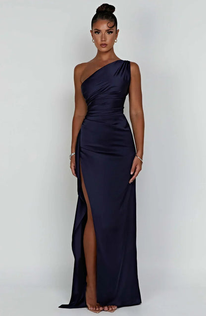 Women's Evening Gown - One-Shoulder - Ruched Bodice - High Slit - Satin-Like Fabric