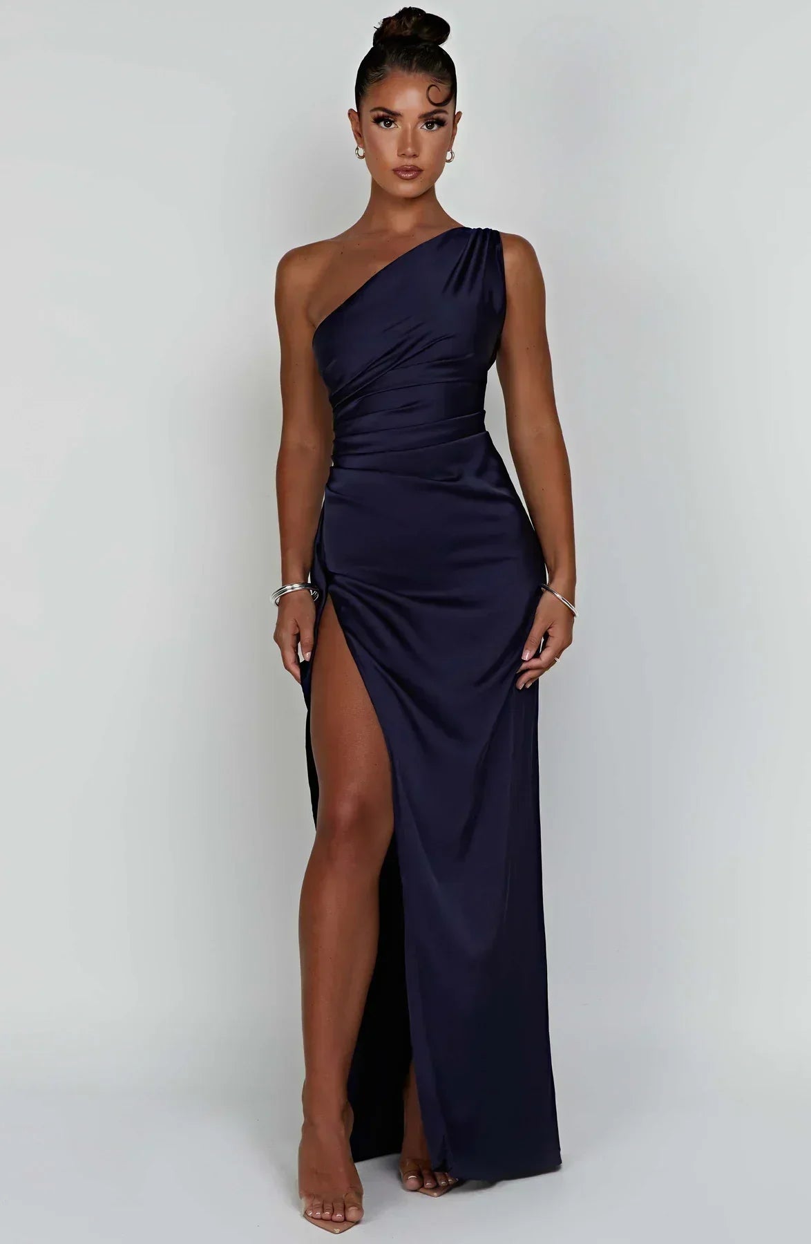 Women's Evening Gown - One-Shoulder - Ruched Bodice - High Slit - Satin-Like Fabric