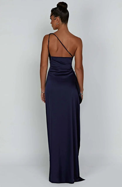 Women's Evening Gown - One-Shoulder - Ruched Bodice - High Slit - Satin-Like Fabric