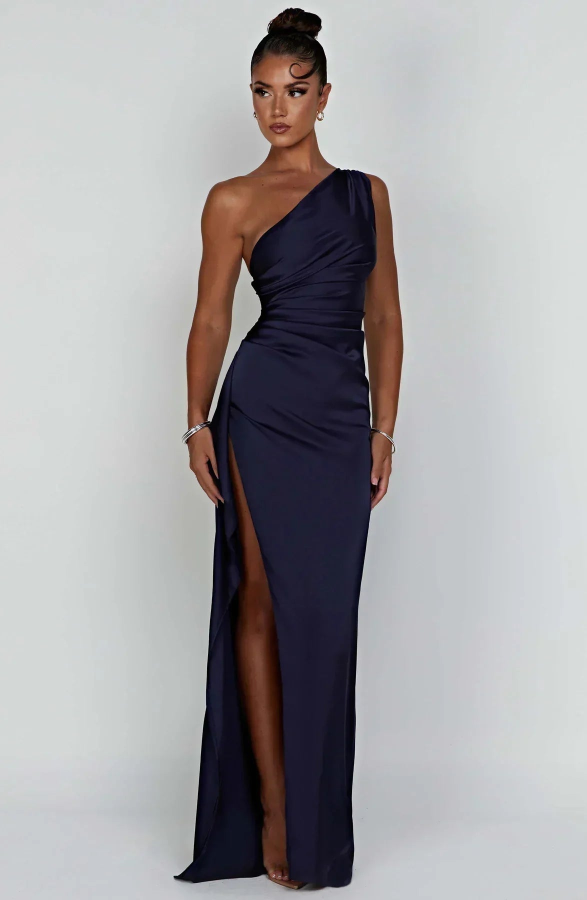 Women's Evening Gown - One-Shoulder - Ruched Bodice - High Slit - Satin-Like Fabric