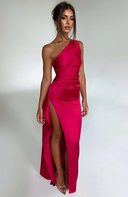 Women's Evening Gown - One-Shoulder - Ruched Bodice - High Slit - Satin-Like Fabric