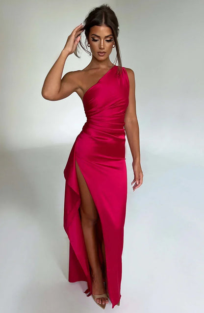 Women's Evening Gown - One-Shoulder - Ruched Bodice - High Slit - Satin-Like Fabric