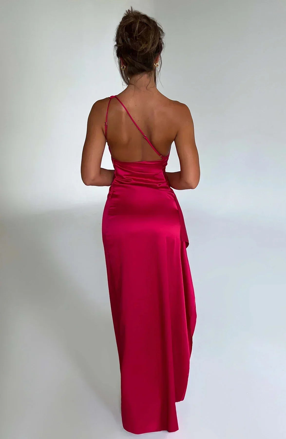 Women's Evening Gown - One-Shoulder - Ruched Bodice - High Slit - Satin-Like Fabric