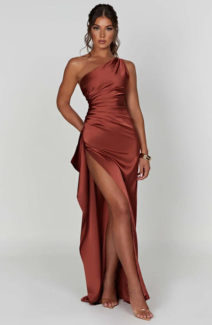 Women's Evening Gown - One-Shoulder - Ruched Bodice - High Slit - Satin-Like Fabric