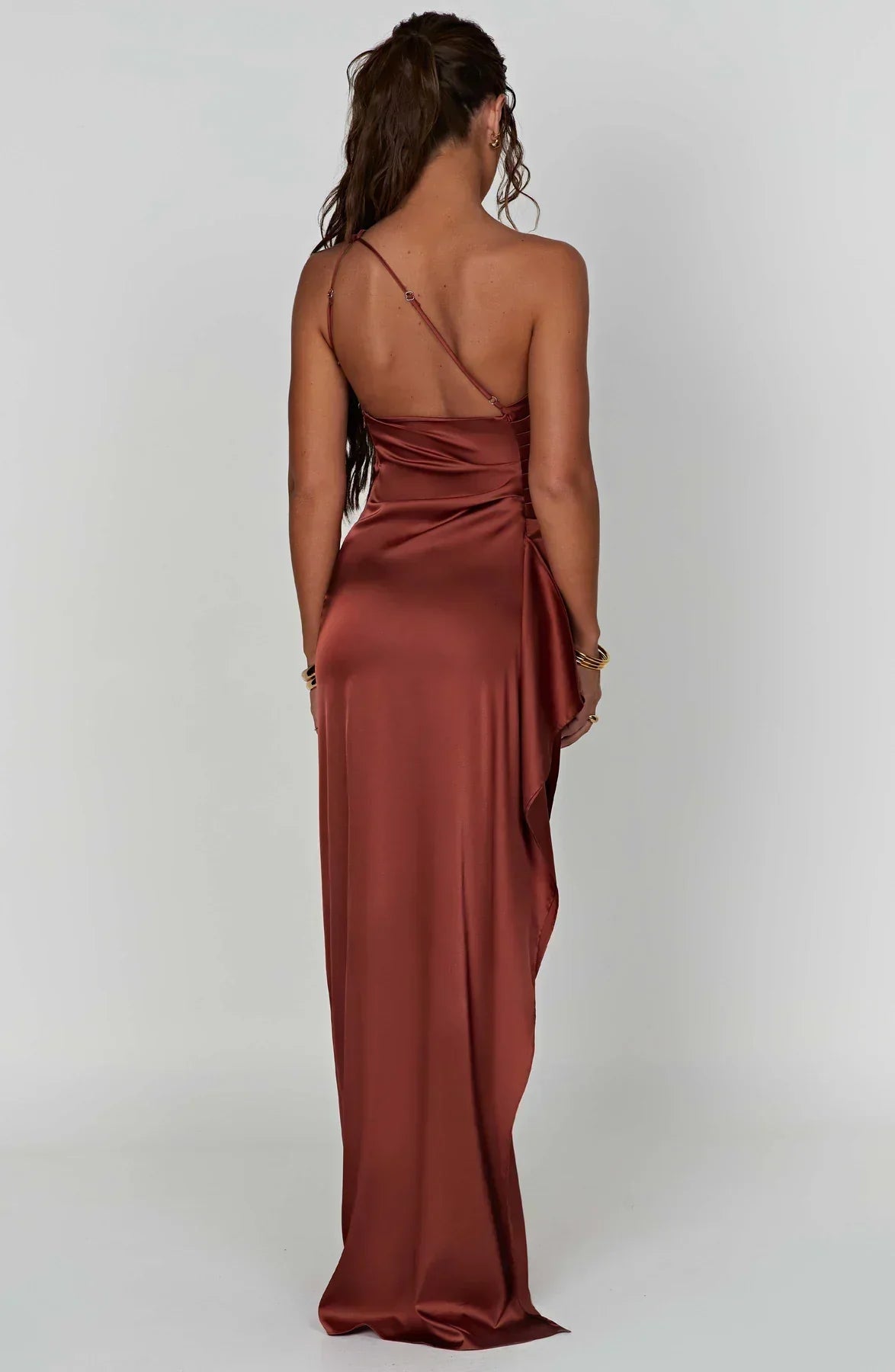 Women's Evening Gown - One-Shoulder - Ruched Bodice - High Slit - Satin-Like Fabric