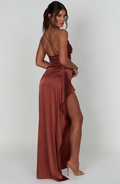 Asymmetrical Satin Maxi Dress with High Side Slit for Women