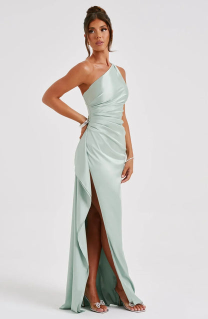 Women's Evening Gown - One-Shoulder - Ruched Bodice - High Slit - Satin-Like Fabric