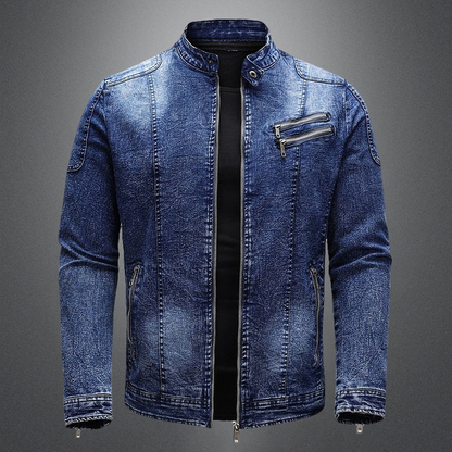 Retro standing collar zipper closure denim jacket