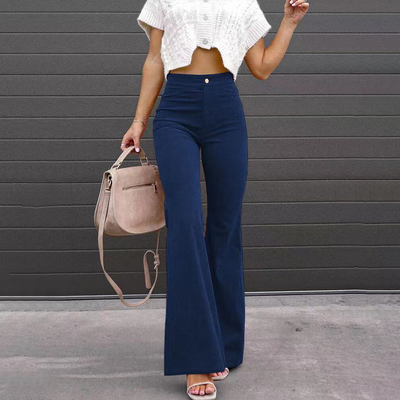 Women's Flared Trousers - High-Waisted - Vintage Bell-Bottom Style - Soft Textured Fabric