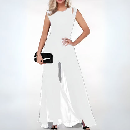 Women's Jumpsuit - Sleeveless Elegant Design - High Neck Cut-Out Detail - Wide-Leg Fit