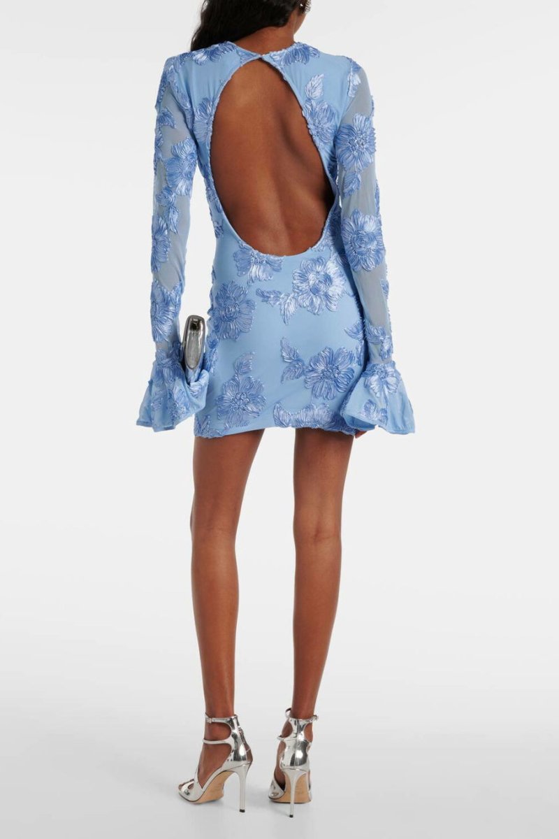 Women’s Mini Dress – Form-Fitting Lace – Floral Embroidery – Open Back – Flared Sleeves
