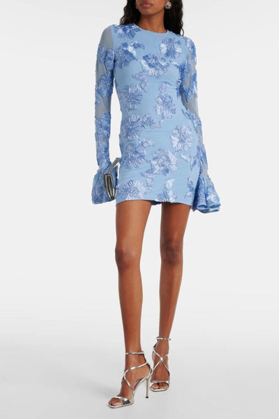 Women’s Mini Dress – Form-Fitting Lace – Floral Embroidery – Open Back – Flared Sleeves