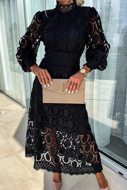 Lace Cut-Out Midi Dress with Puff Sleeves for Women