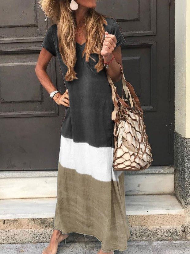 Women’s Maxi Dress – V-Neck – Short Sleeve – Relaxed Fit – Breathable Natural Fibers