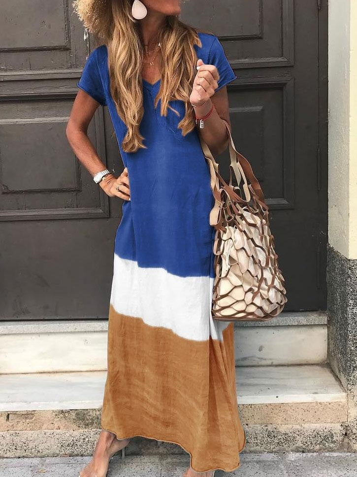 Women’s Maxi Dress – V-Neck – Short Sleeve – Relaxed Fit – Breathable Natural Fibers