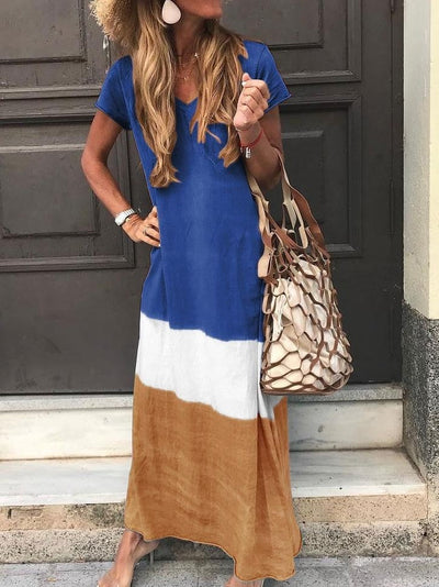 Women’s Maxi Dress – V-Neck – Short Sleeve – Relaxed Fit – Breathable Natural Fibers