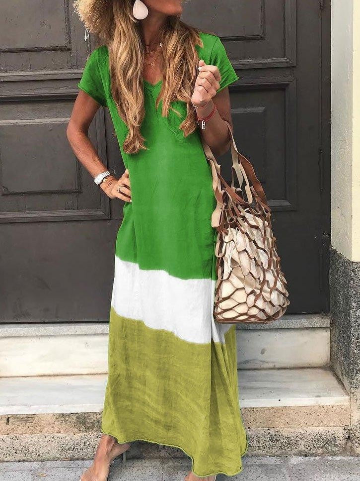 Women’s Maxi Dress – V-Neck – Short Sleeve – Relaxed Fit – Breathable Natural Fibers
