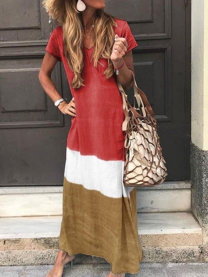 Women’s Maxi Dress – V-Neck – Short Sleeve – Relaxed Fit – Breathable Natural Fibers